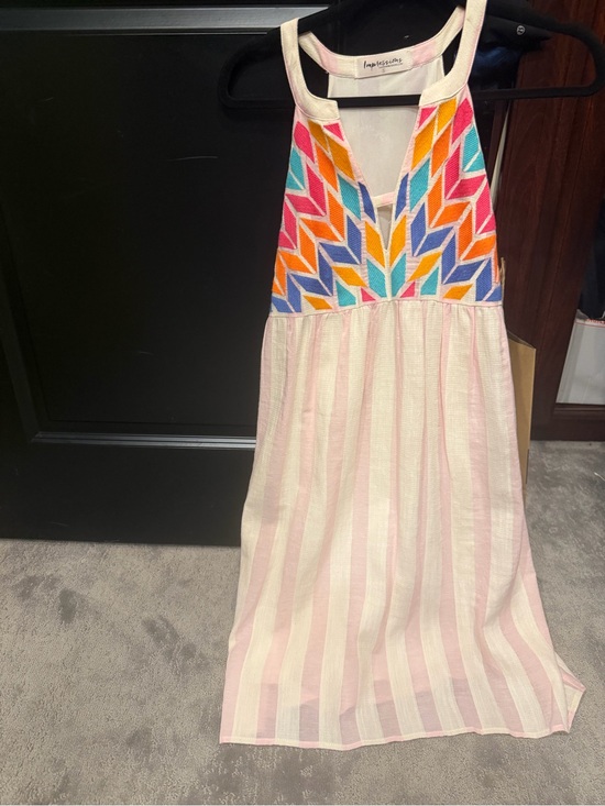 Impressions Dresses & Skirts - Impressions Pink & Cream Striped Maxi Dress with Colorful Embroidered Top